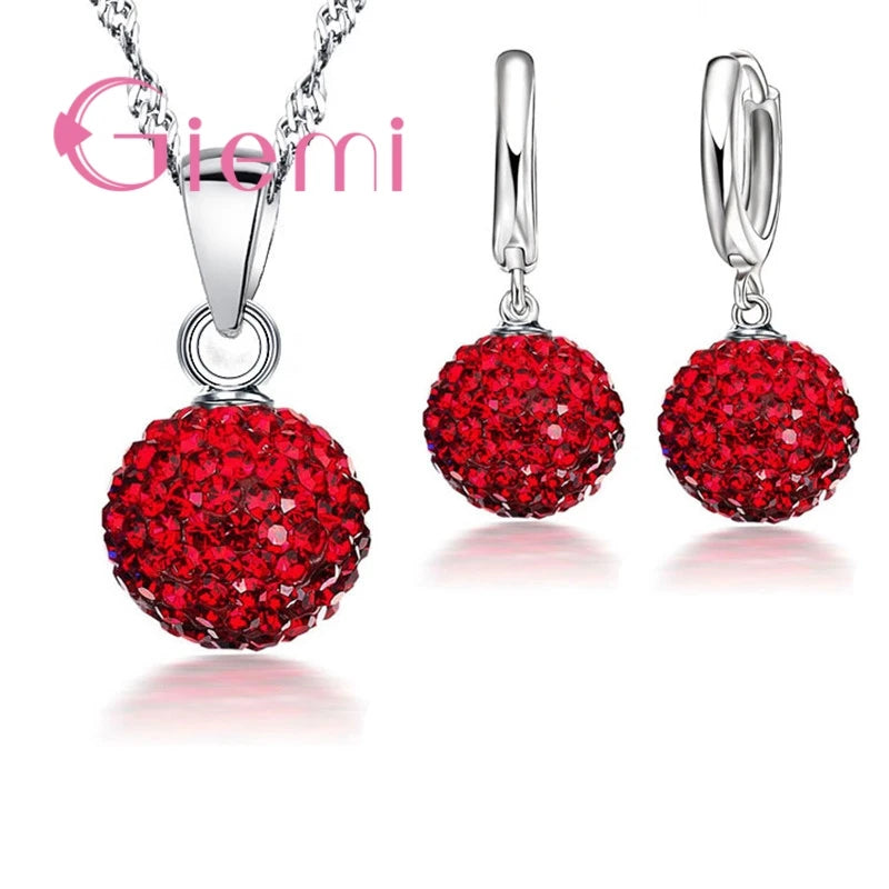 Big Promotion Jewelry Sets 925 Sterling Silver  Austrian Crystal Ball Lever Back Earring Pendant Necklace for Woman