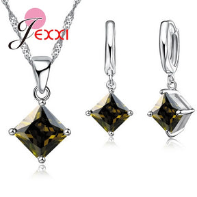 8 Colors 925 Sterling Silver Women Wedding Beautiful Pendant Necklace Earrings Set Clearly Square Crystal Jewelry Sets