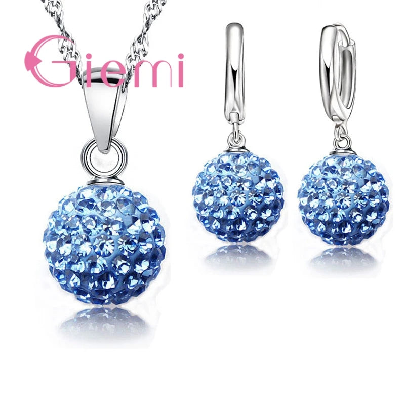 Big Promotion Jewelry Sets 925 Sterling Silver  Austrian Crystal Ball Lever Back Earring Pendant Necklace for Woman