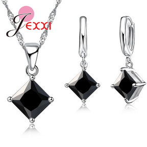 8 Colors 925 Sterling Silver Women Wedding Beautiful Pendant Necklace Earrings Set Clearly Square Crystal Jewelry Sets