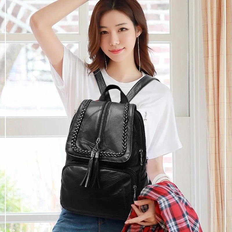 Women's PU Leather Backpack School Bag Classic Black Waterproof
