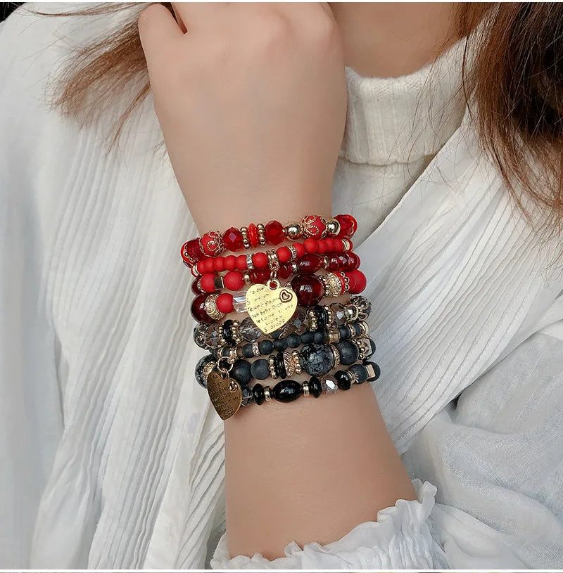 New 4-piece/set Bohemian Love Pendant Crystal Beaded Bracelet Retro EthnicBracelet Personalized Women's Fashion Bracelet Jewelry