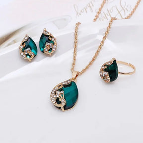 Delysia King  4PCS Trendy Water Droplets Peacock Jewelry Set Crystal Elegant Necklace/Earrings/Ring for Cocktail