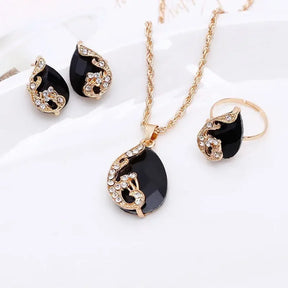Delysia King  4PCS Trendy Water Droplets Peacock Jewelry Set Crystal Elegant Necklace/Earrings/Ring for Cocktail