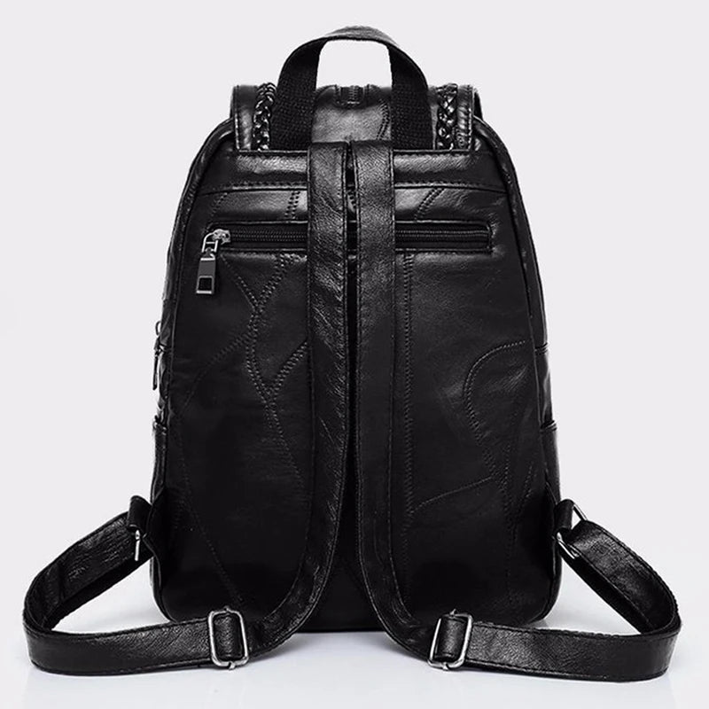 Women's PU Leather Backpack School Bag Classic Black Waterproof